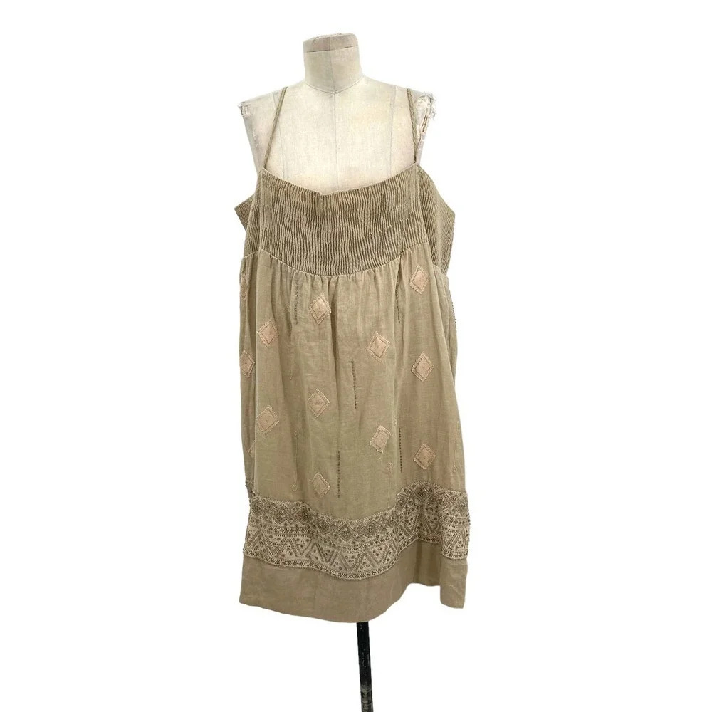 Twin-Set Simona Barbieri‎ Linen Smocked Beaded Accent Dress Tan Size Medium